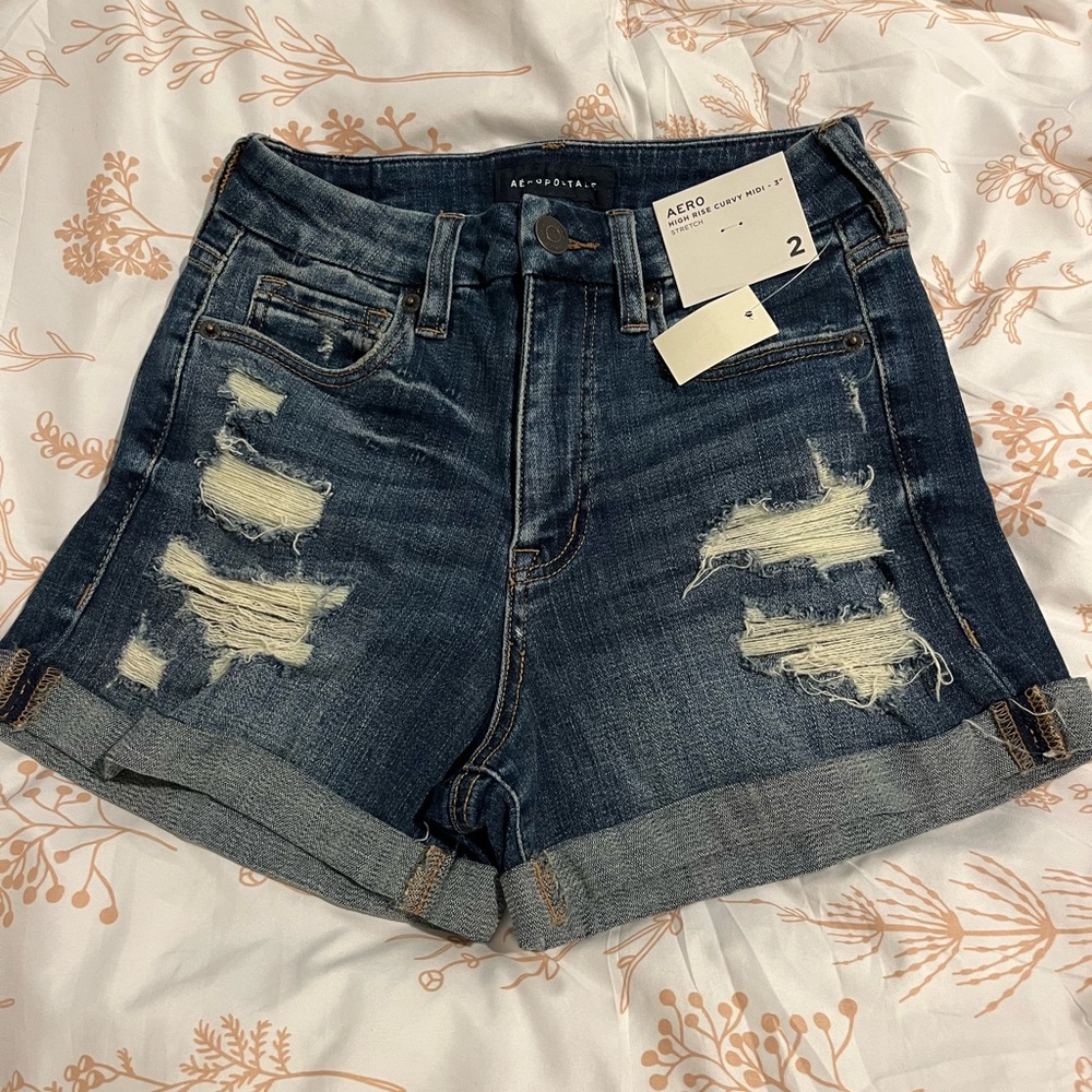 Aeropostale Women's Ripped Jean Shorts - Dark Blue
